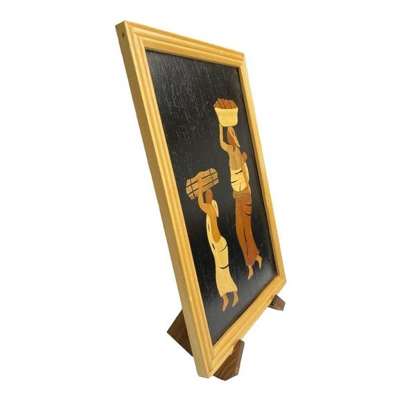 Ghana Africa marquetry picture. Wood on wood. Framed. Wood Framed Art Intarsia - Picture 3 of 10